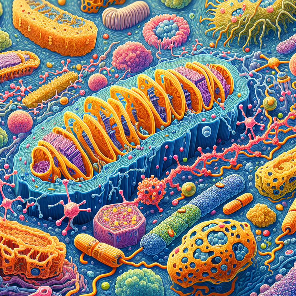 Medical illustration showing urolithin A molecules repairing damaged mitochondria and restoring cellular energy production