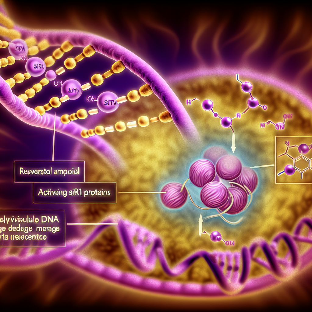 Scientific illustration of resveratrol activating SIRT1 proteins and protecting DNA from oxidative damage